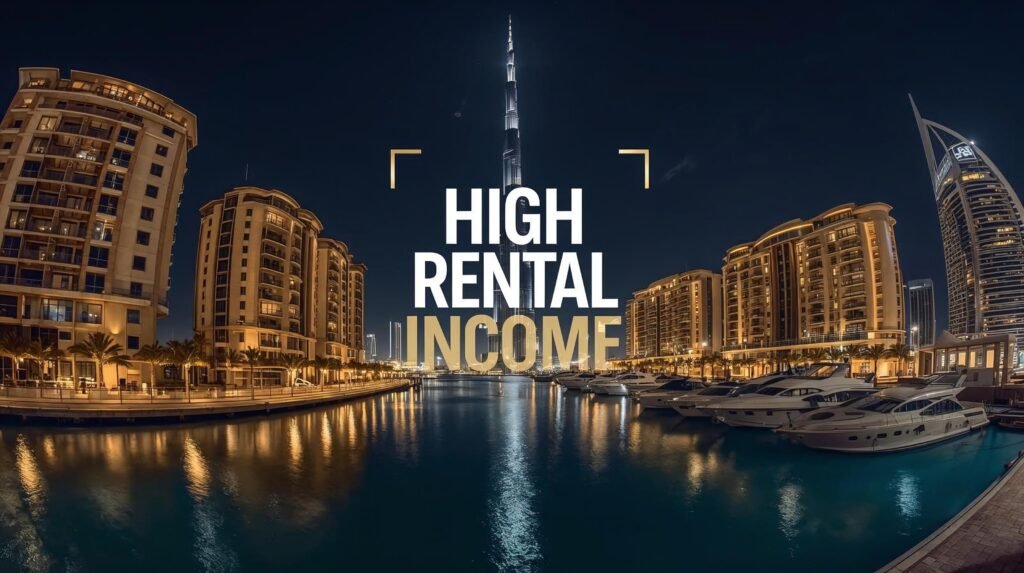 Dubai Marina skyline at night with Burj Khalifa, luxury towers, and text ‘High Rental Income’ overlay