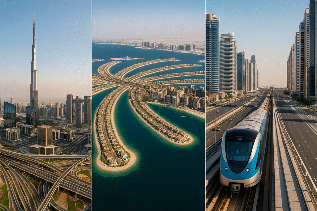 Dubai’s landmark infrastructure including Burj Khalifa, Palm Jumeirah, and Metro network