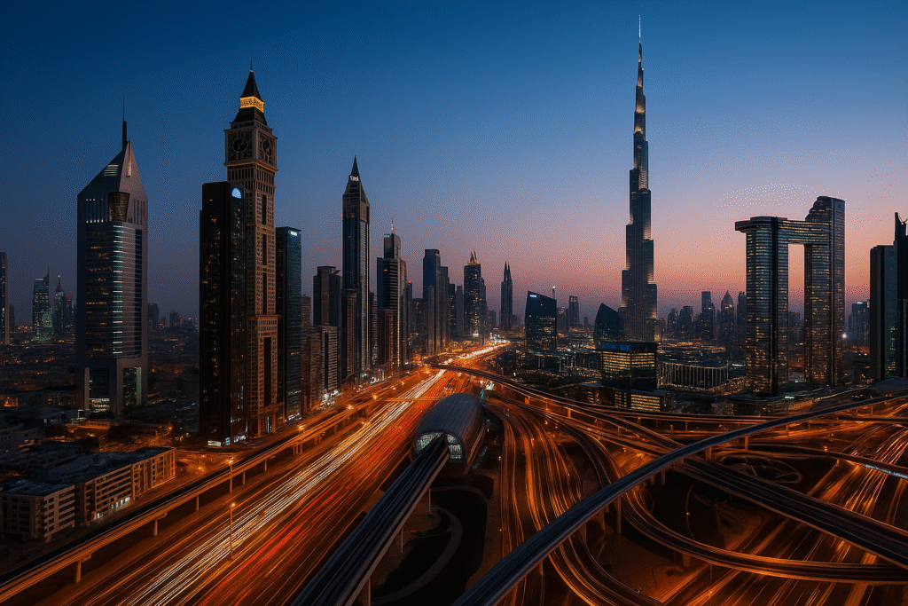 Aerial image collage showing Dubai's landmark leading infrastructure projects: Burj Khalifa district with Dubai Mall, Palm Jumeirah island, and Dubai Metro in one frame or side-by-side. High-resolution and clean composition.